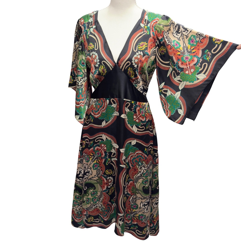 Single Dress 100% Silk Paisley Midi Dress Kimono Sleeve V-Neck Black Multi Med